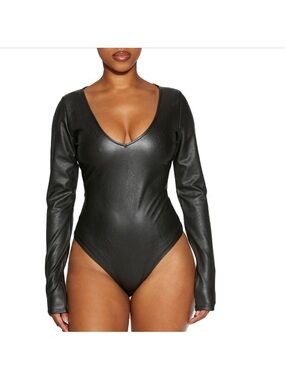 NWOT naked wardrobe Black Faux Leather Long Sleeve V-Neck Bodysuit